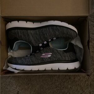 Skechers Black Slip-On Memory Foam Sneakers with Pink Accent